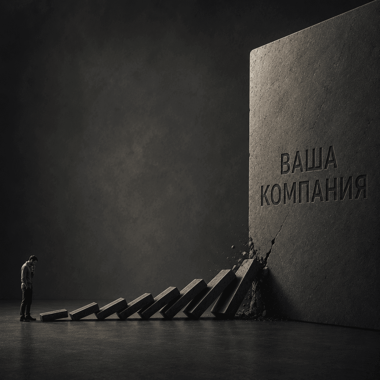 Падающее домино упирается в стену с надписью «Ваша компания»