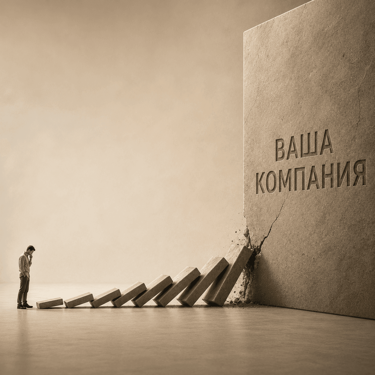 Падающее домино упирается в стену с надписью «Ваша компания»